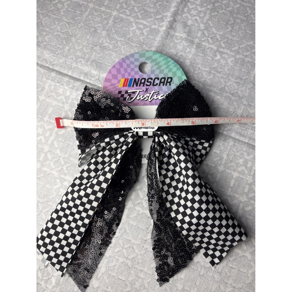 Justice NASCAR Hair Bow Girls Black White Checkered Sequin Barrette Racingcore - Picture 2 of 5